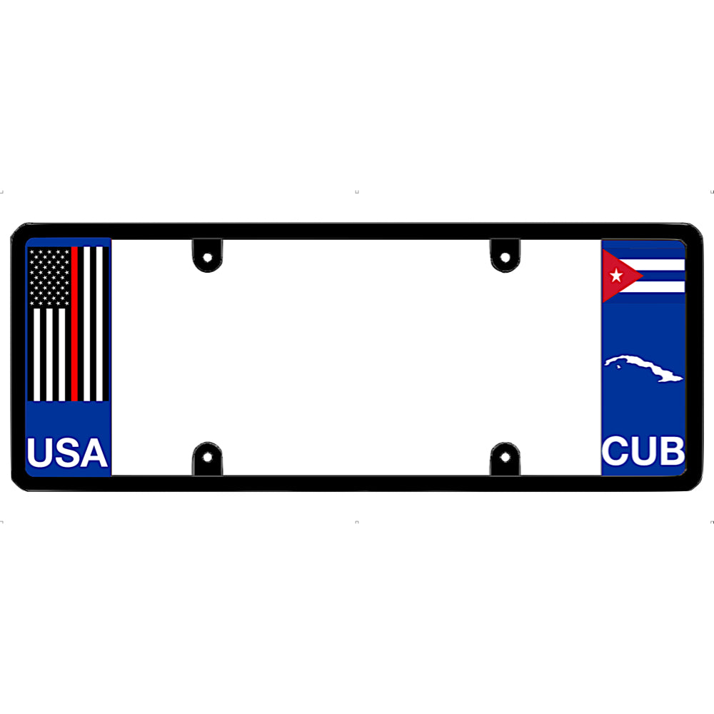 Thin red line license plate frame with USA and Cuba flags on a white background