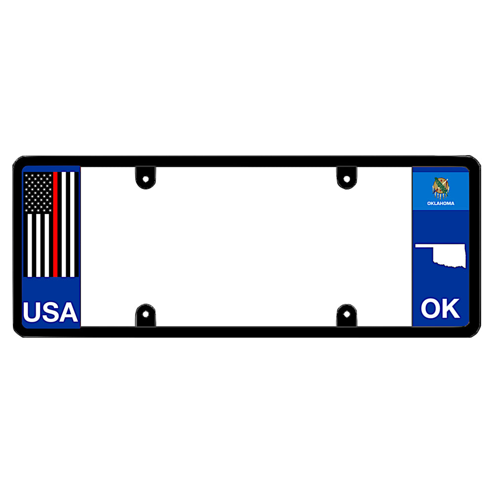 Thin Red Line firefighter support plate frame with Oklahoma state seal, meaningful gift for OK first responders.