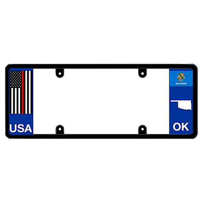 Thin Red Line firefighter support plate frame with Oklahoma state seal, meaningful gift for OK first responders.