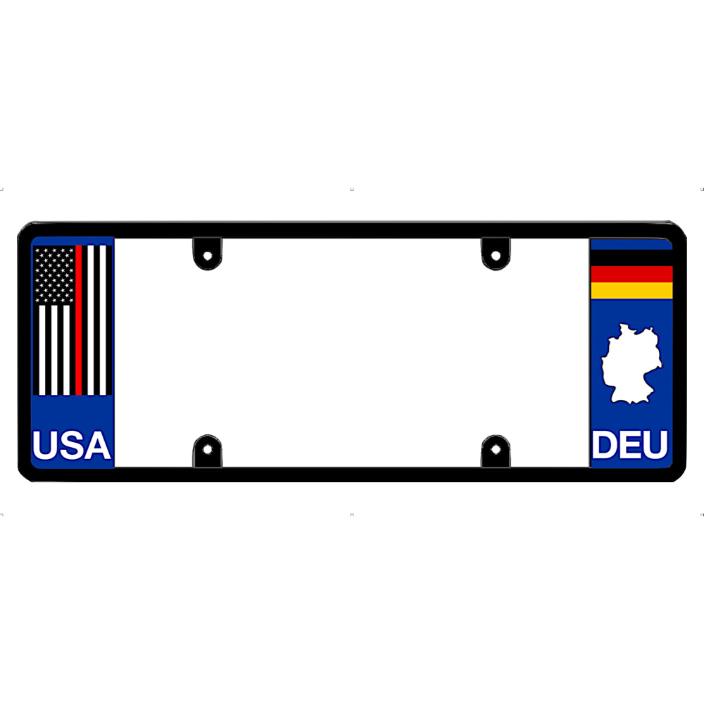 Thin red line license plate frame with USA and DEU (Germany) flag designs on a white background