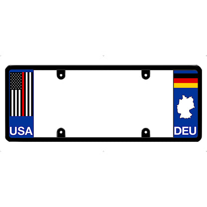 Thin red line license plate frame with USA and DEU (Germany) flag designs on a white background