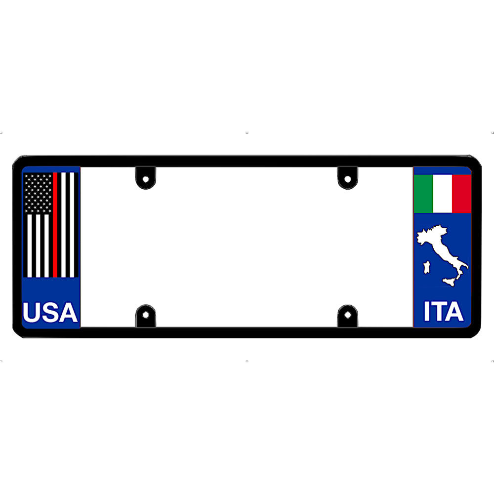 Thin red line license plate frame with USA and Italy flags on a white background