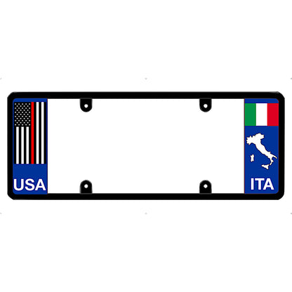 Thin red line license plate frame with USA and Italy flags on a white background