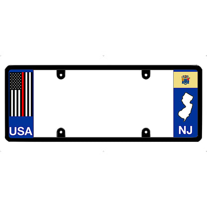 License plate frame with USA and NJ (New Jersey) designs on a white background