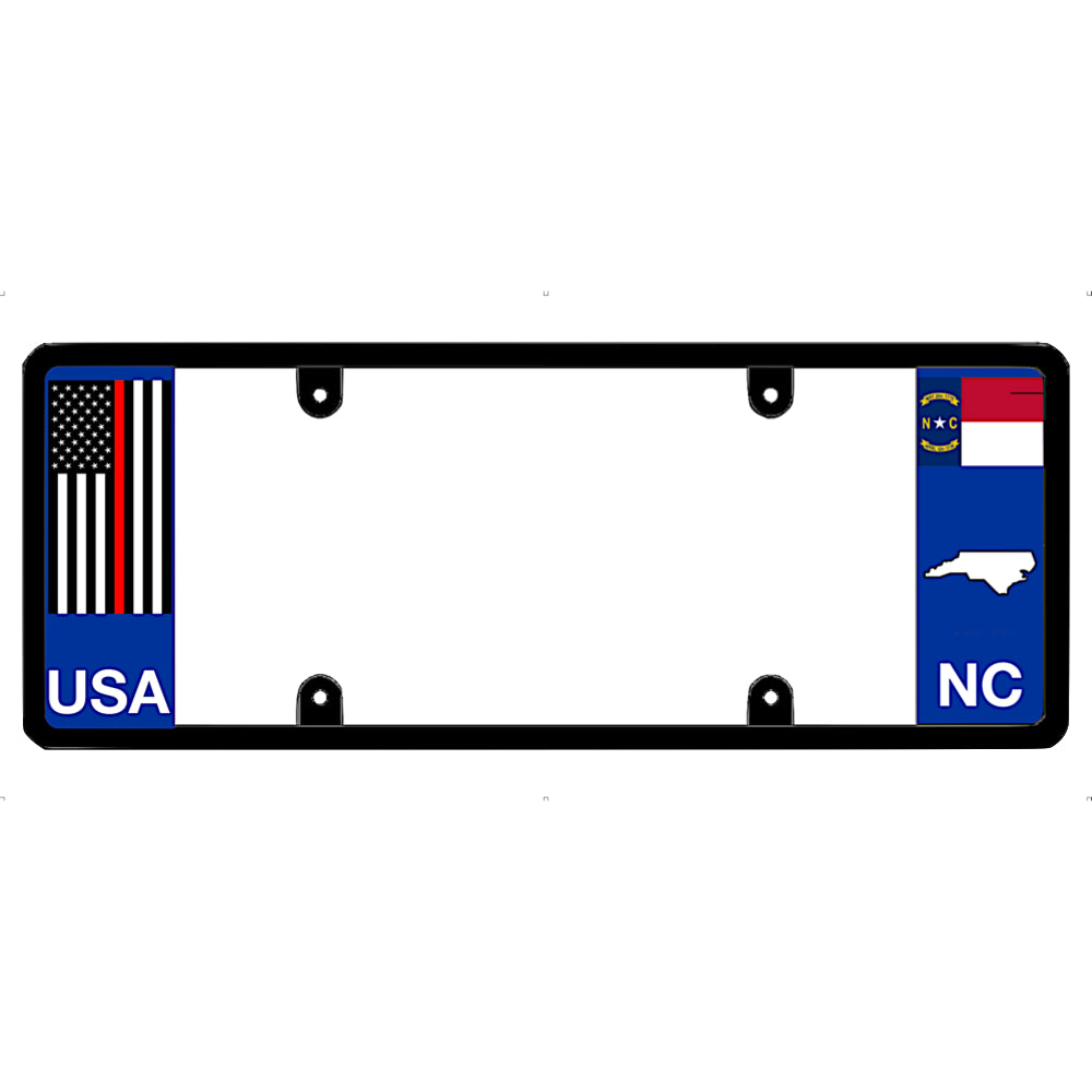 Thin red line license plate frame with USA and North Carolina designs on a white background