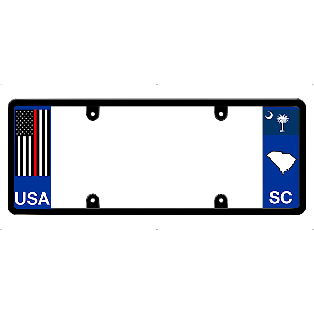Firefighter license plate frame with USA thin red line and South Carolina designs on a white background