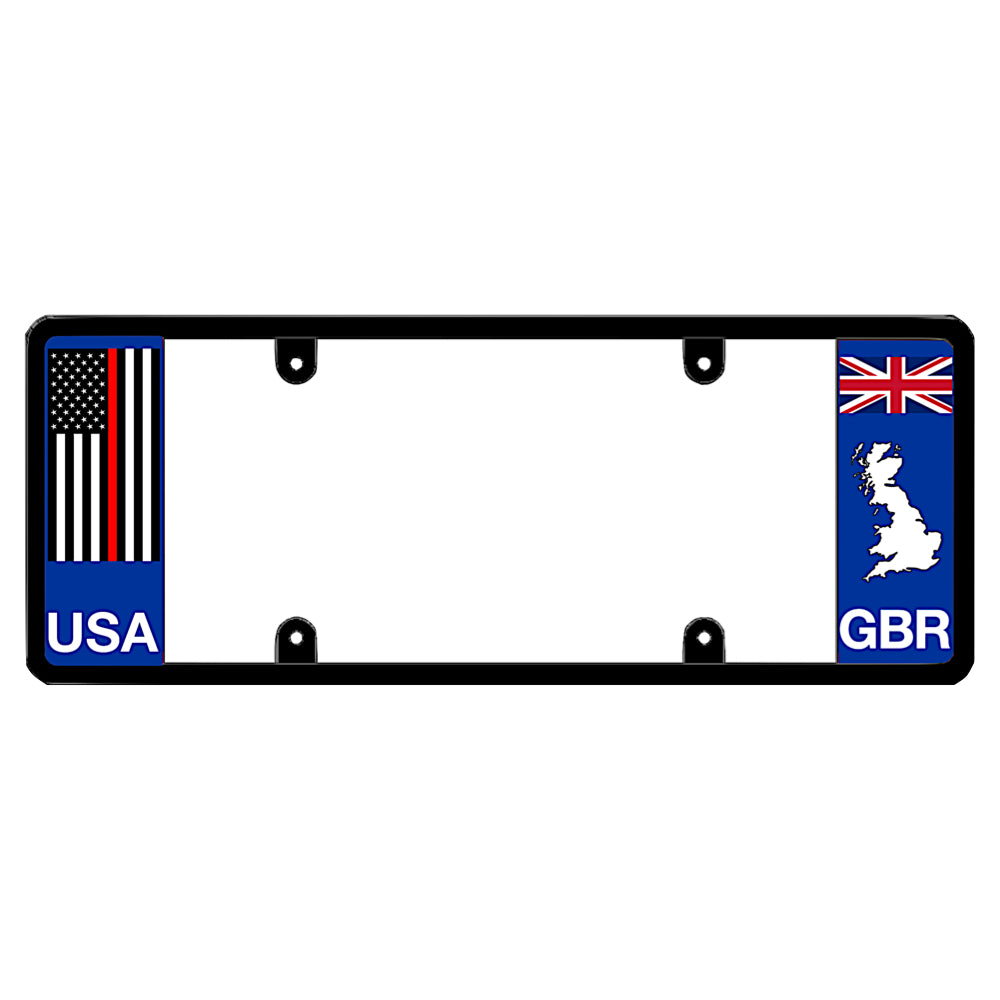 Black license plate frame featuring a thin red line American flag above white USA lettering on the left panel, and a British Union Jack flag above a white United Kingdom map outline and GBR lettering on the right panel