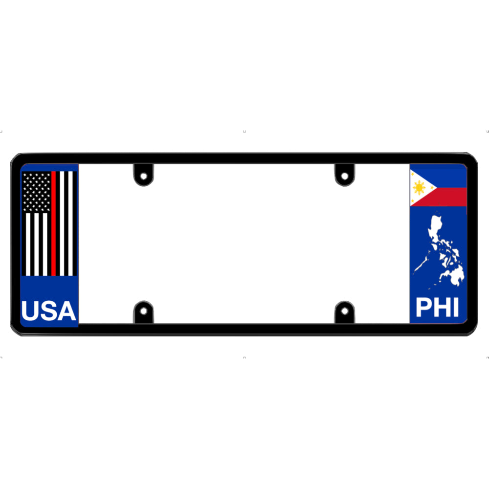 Thin red line license plate frame with USA and Philippines flags on a white background