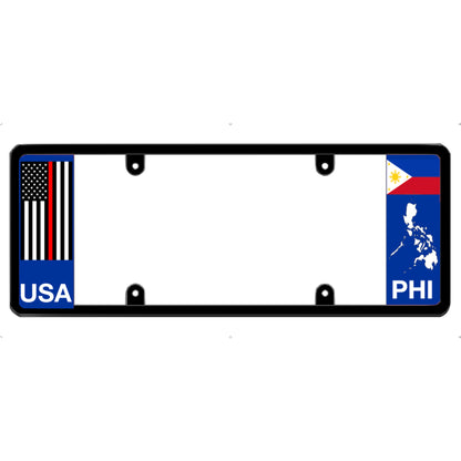 Thin red line license plate frame with USA and Philippines flags on a white background