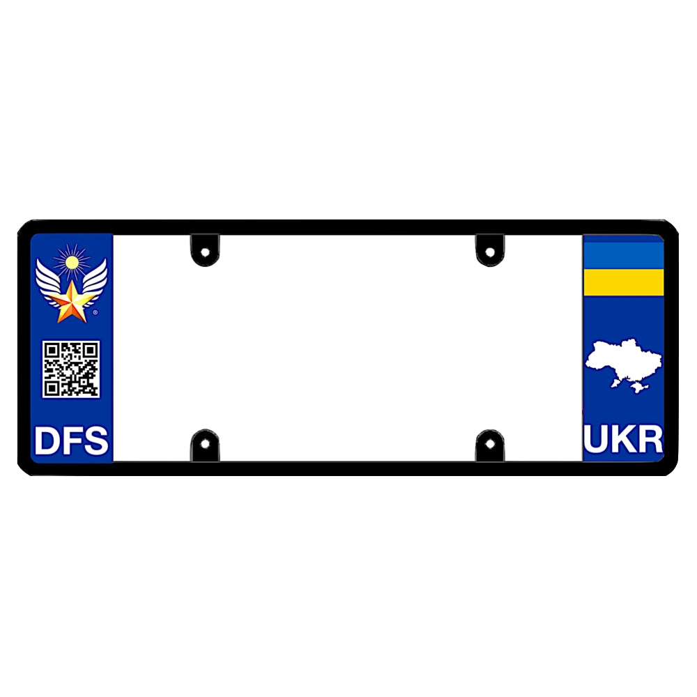 Official DFS Brands patented Ukraine license plate frame with a scan QR code panel on the left and a blue and yellow Ukrainian flag, map silhouette, and UKR text on the right.