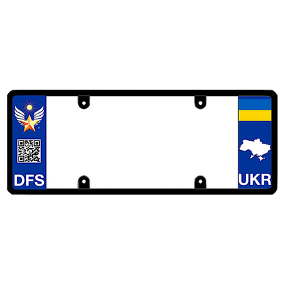 Official DFS Brands patented Ukraine license plate frame with a scan QR code panel on the left and a blue and yellow Ukrainian flag, map silhouette, and UKR text on the right.