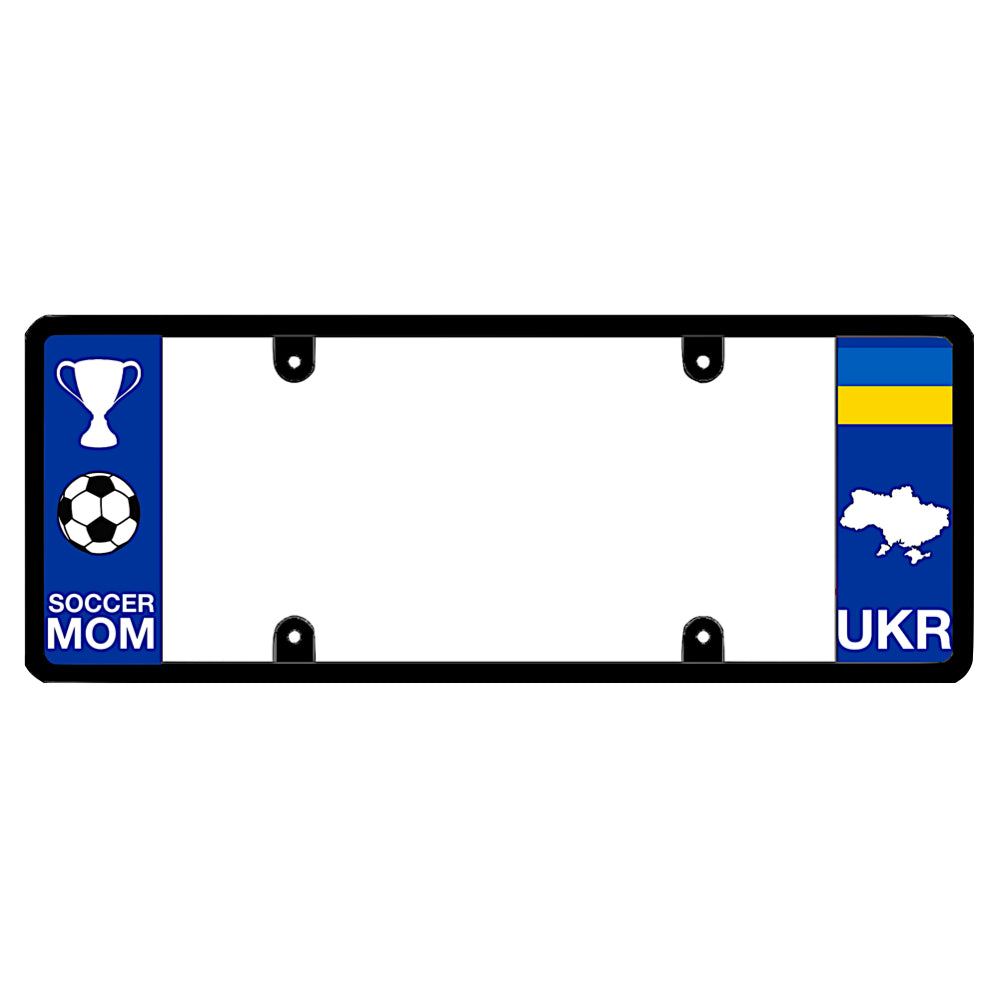 A black elongated Ukraine license plate frame with a soccer mom theme on the left and a blue and yellow Ukrainian flag, map silhouette, and UKR text on the right by DFS Brands.