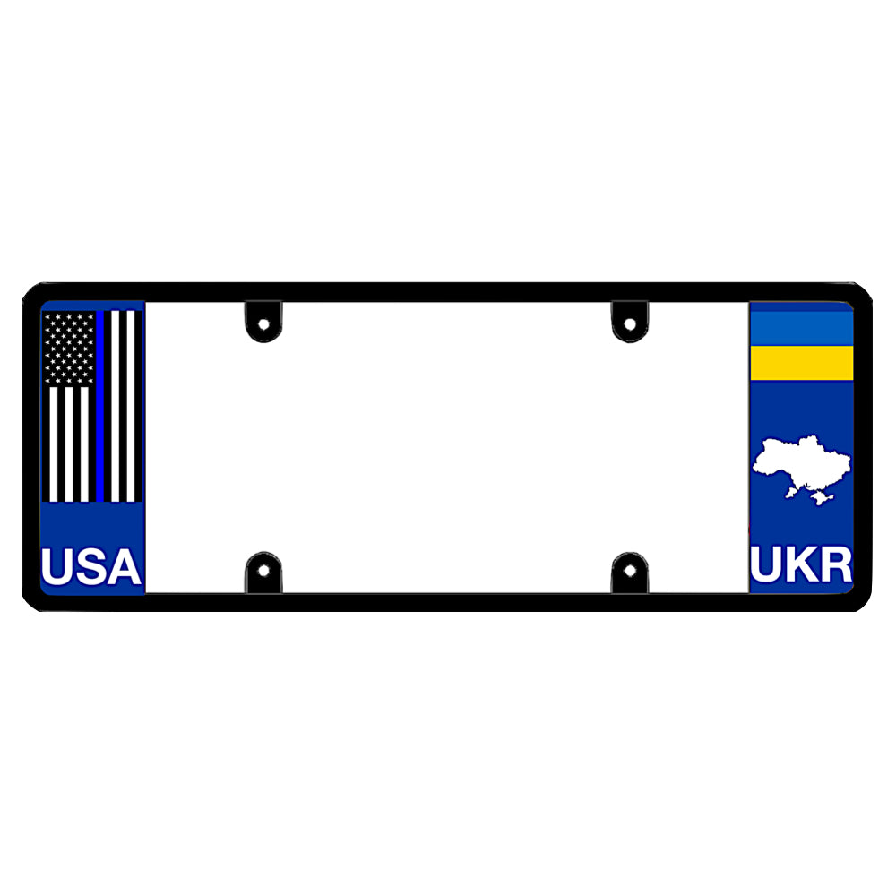A black elongated Ukraine license plate frame with a thin blue line law enforcement flag on the left and a blue and yellow Ukrainian flag, map silhouette, and UKR text on the right by DFS Brands.