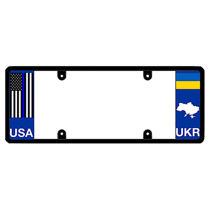 A black elongated Ukraine license plate frame with a thin blue line law enforcement flag on the left and a blue and yellow Ukrainian flag, map silhouette, and UKR text on the right by DFS Brands.