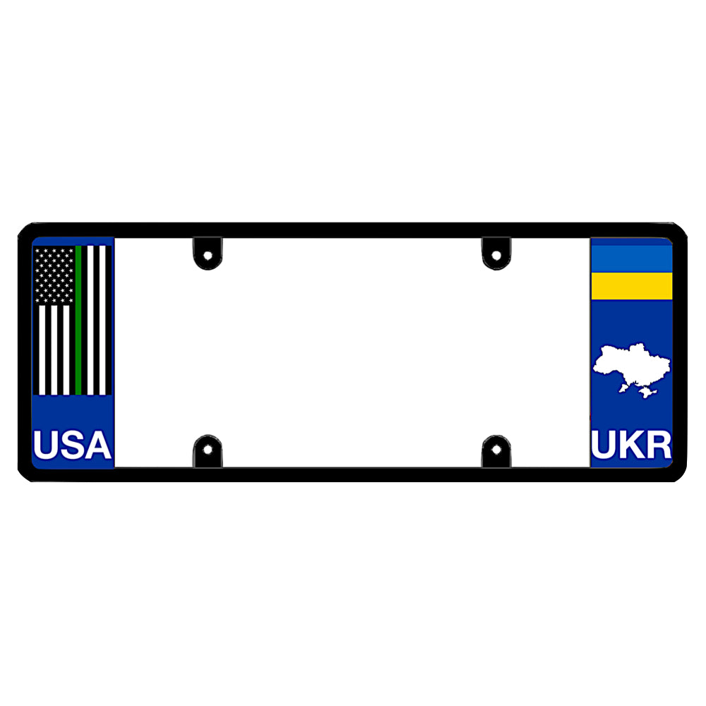 A black elongated Ukraine license plate holder with a tactical thin green line flag on the left and a blue and yellow Ukrainian flag, map silhouette, and UKR text on the right by DFS Brands.