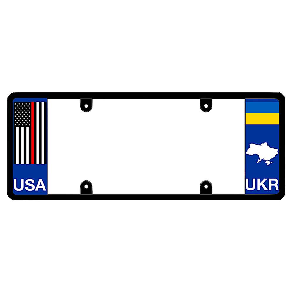 A black elongated Ukraine license plate frame featuring a thin red line firefighter flag on the left and a blue and yellow Ukrainian flag, map silhouette, and UKR text on the right by DFS Brands.