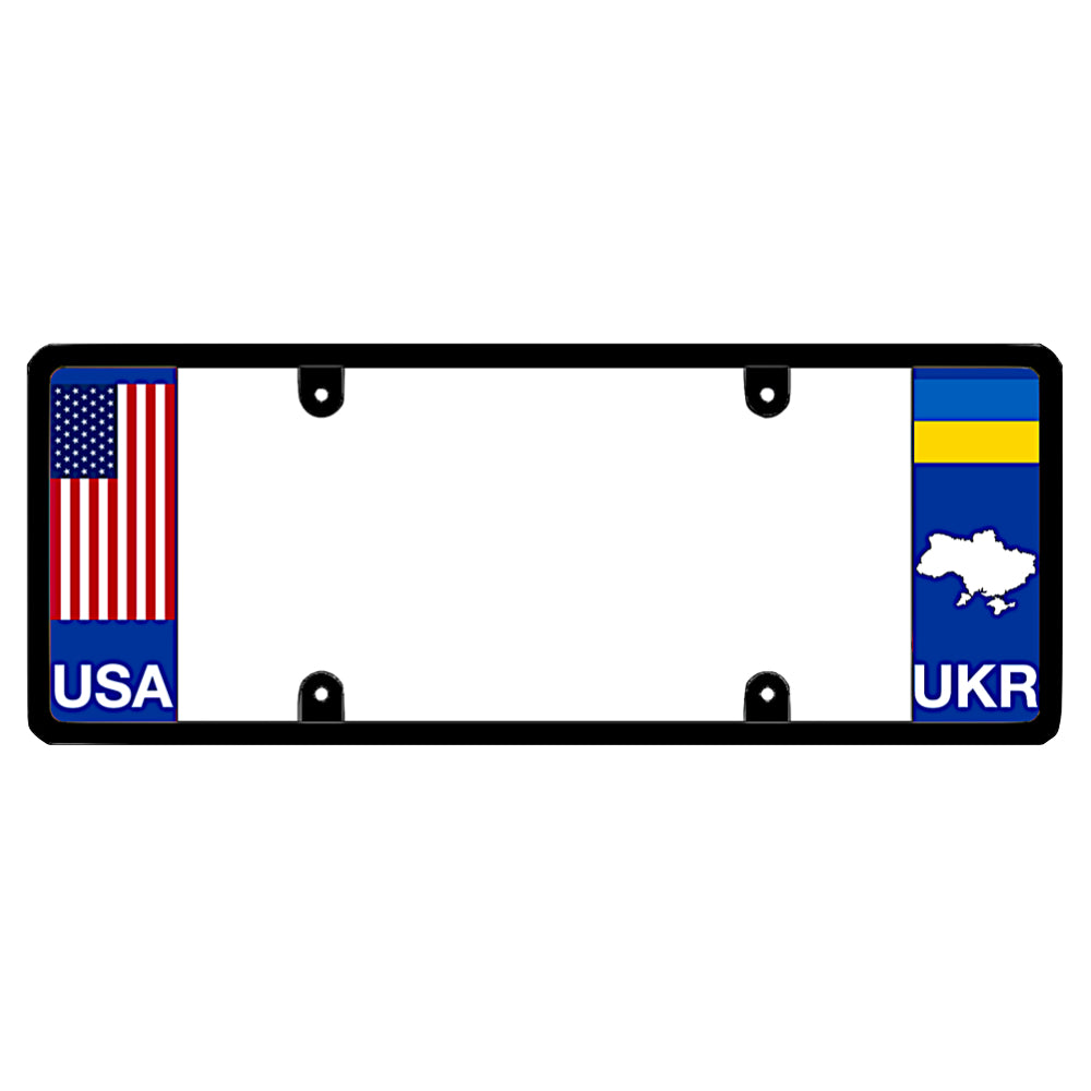 A black elongated Ukraine license plate frame featuring a USA flag on the left and a blue and yellow Ukrainian flag, map silhouette, and UKR text on the right by DFS Brands.