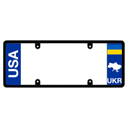Ukraine license plate frame with 'USA' on the left and a map of Ukraine UKR on the right, on a white background.