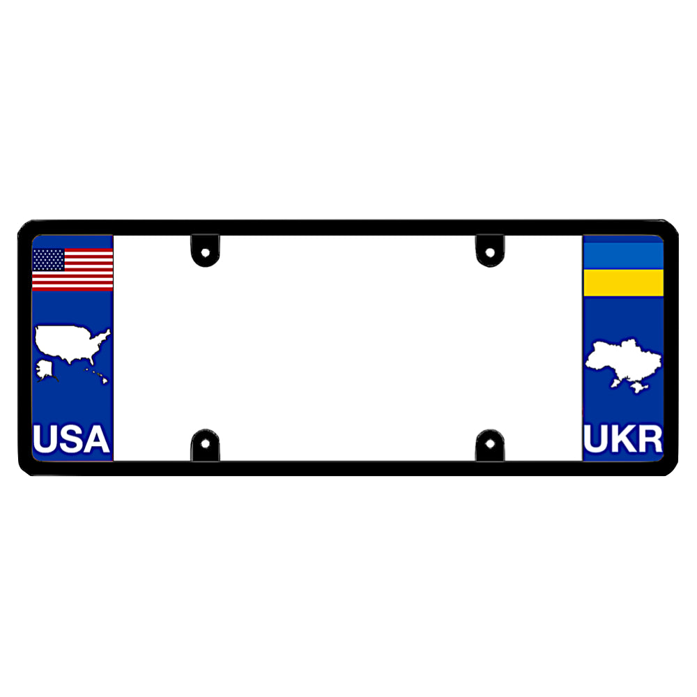 A black elongated Ukraine car tag holder displaying a USA map outline on the left and a blue and yellow Ukrainian flag, map silhouette, and UKR text on the right by DFS Brands.