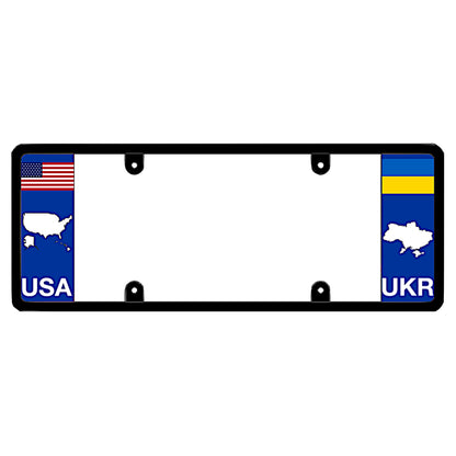 A black elongated Ukraine car tag holder displaying a USA map outline on the left and a blue and yellow Ukrainian flag, map silhouette, and UKR text on the right by DFS Brands.