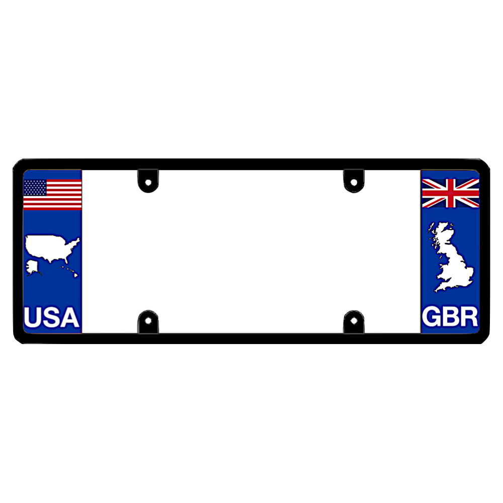England Britain UK license plate frame with USA and GBR flags on a white background