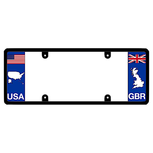 England Britain UK license plate frame with USA and GBR flags on a white background