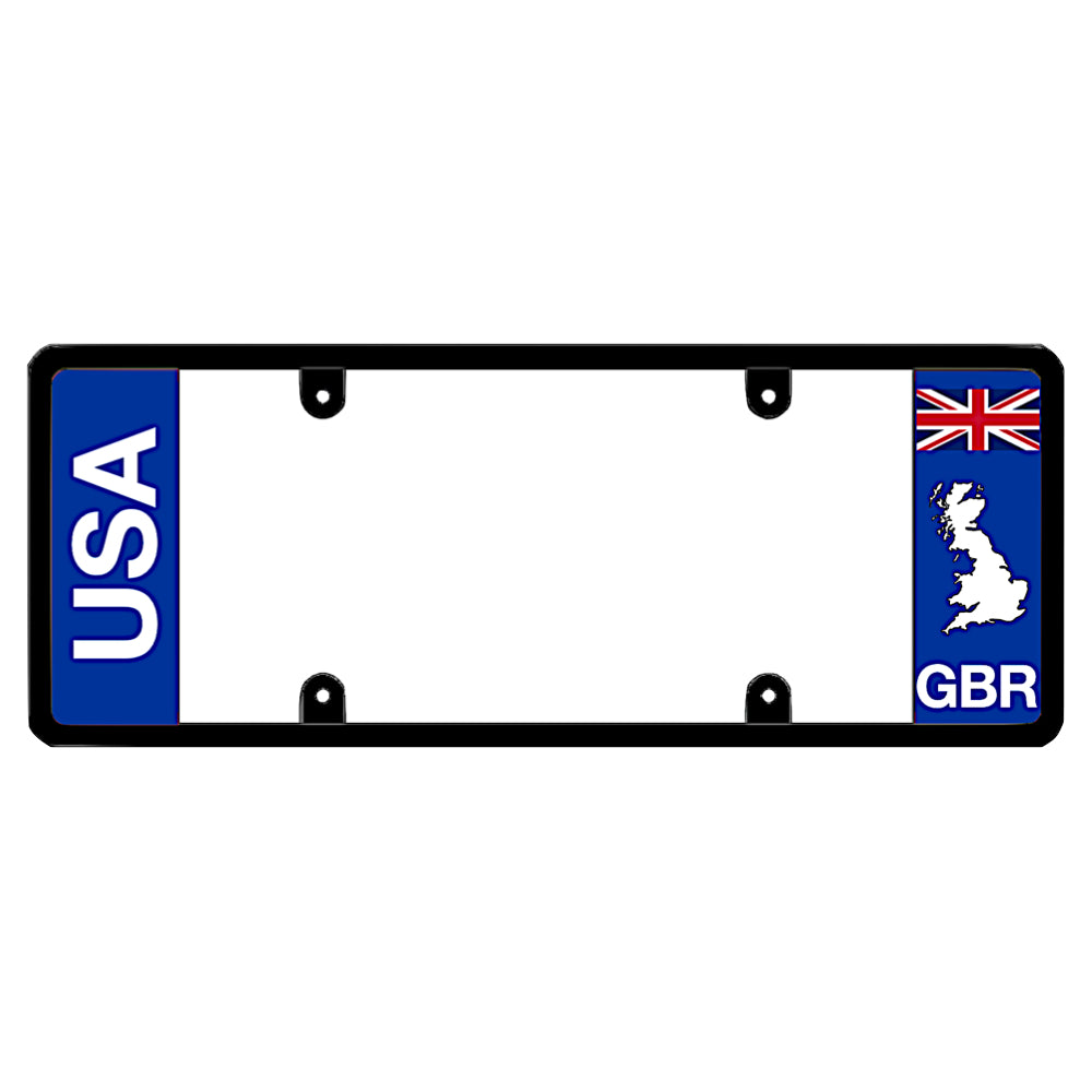Black license plate frame featuring a vertical blue panel with white USA lettering on the left, and a blue panel with a British Union Jack flag above a white United Kingdom map shape and GBR lettering on the right