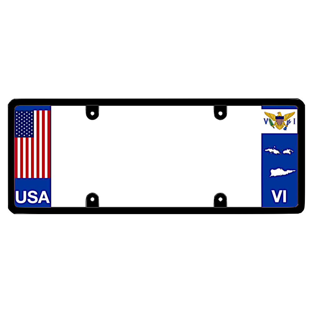 Virgin islands legal license plate frame with American flag on the left and U.S. VI state flags on the right patented gift by DFS brands
