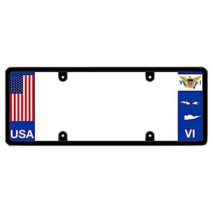 Virgin islands legal license plate frame with American flag on the left and U.S. VI state flags on the right patented gift by DFS brands