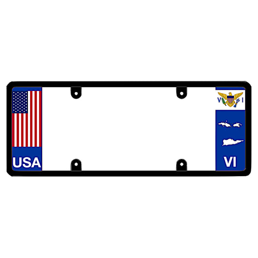 Virgin islands license plate frame with American and U.S. VI state flags on a white background