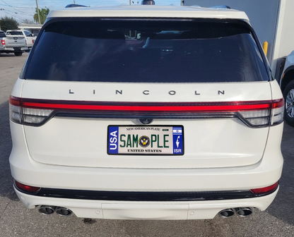 Patented USA-Israel bilateral license plate frame installed on the rear trunk tailgate of a luxury white Lincoln Aviator SUV car
DFS the Official license frame of America 
