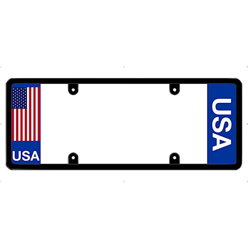 License plate frame with a USA flag graphic on the left and an American flag on the right by DFS Brands.