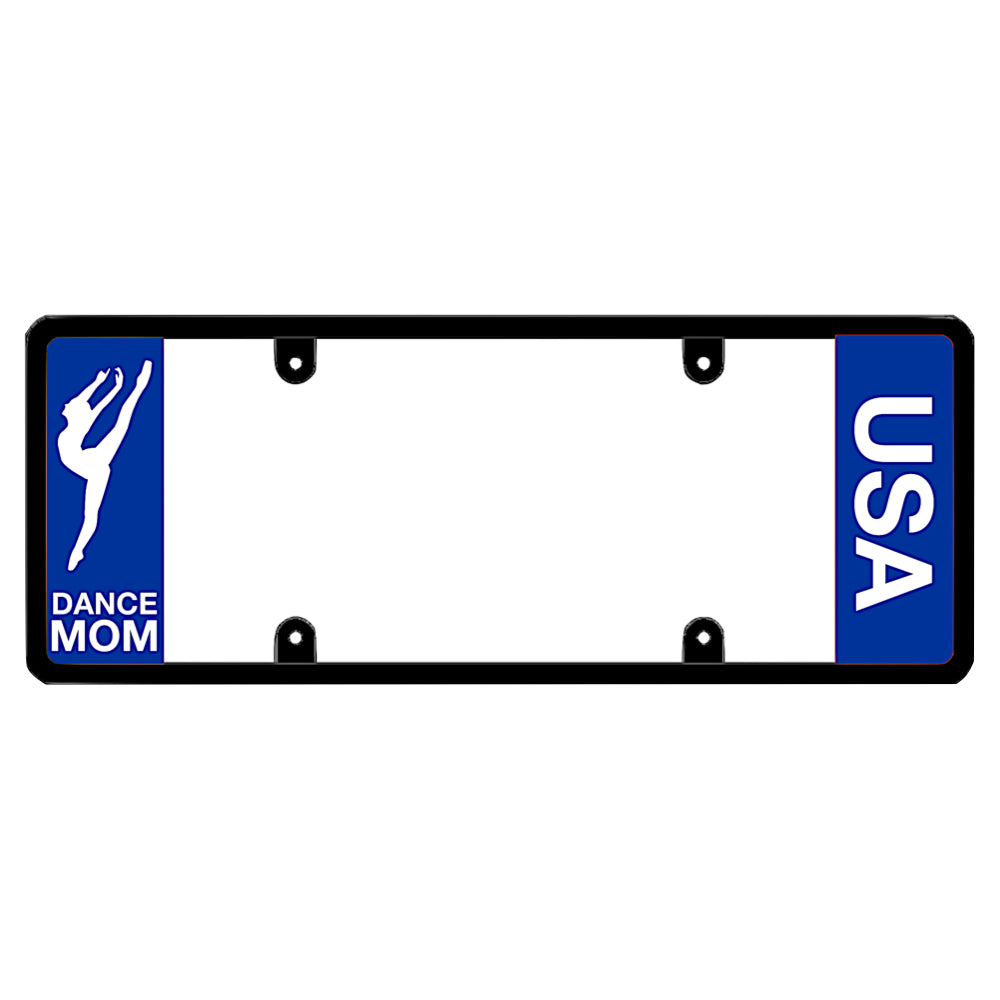 Black license plate frame featuring a blue left panel with a white female dancer silhouette above white Dance Mom lettering, and a blue right panel with vertical white USA lettering