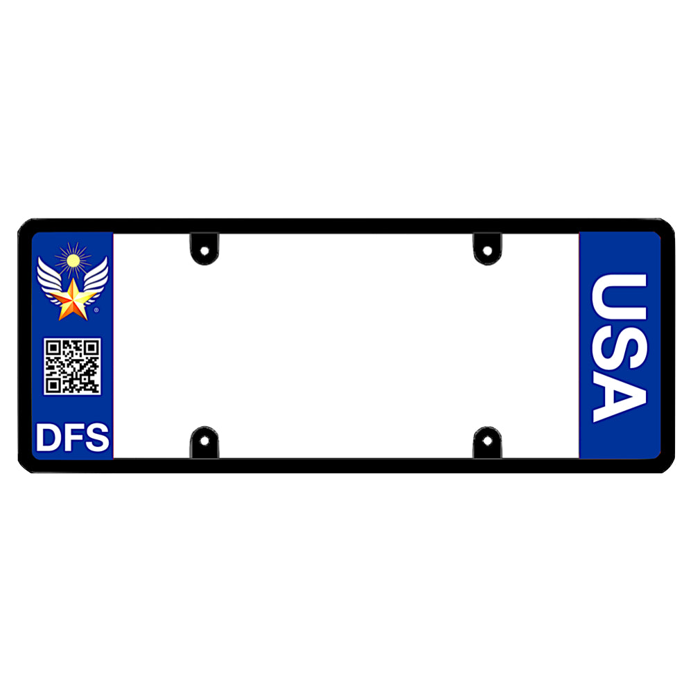 Black license plate frame featuring a blue left panel with a gold and blue winged star sunburst emblem above a black and white QR code and white DFS lettering, and a blue right panel with vertical white USA lettering