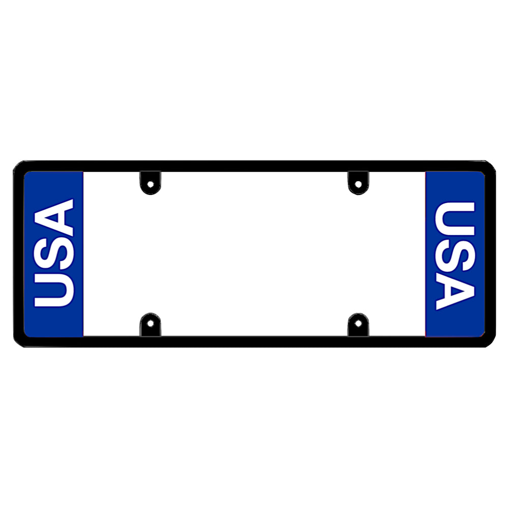 Black license plate frame featuring vertical white USA lettering on a solid blue panel on both the left and right sides