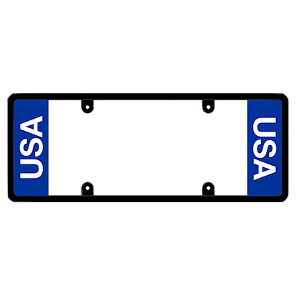 Black license plate frame featuring vertical white USA lettering on a solid blue panel on both the left and right sides