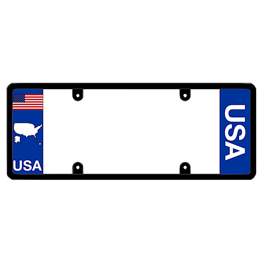 Black license plate frame featuring a blue left panel with a horizontal full-color United States flag above a white USA map outline and white USA lettering, and a blue right panel with vertical white USA lettering
