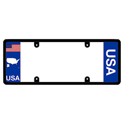 Black license plate frame featuring a blue left panel with a horizontal full-color United States flag above a white USA map outline and white USA lettering, and a blue right panel with vertical white USA lettering