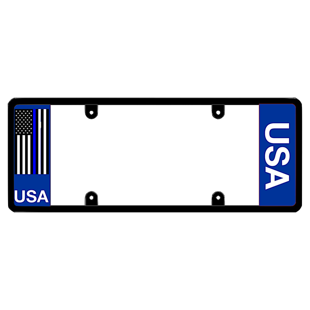 Black license plate frame featuring a blue left panel with a vertical United States flag containing a thin blue line USA lettering, and a blue right panel with vertical white USA lettering