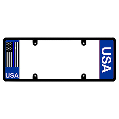 Black license plate frame featuring a blue left panel with a vertical United States flag containing a thin blue line USA lettering, and a blue right panel with vertical white USA lettering