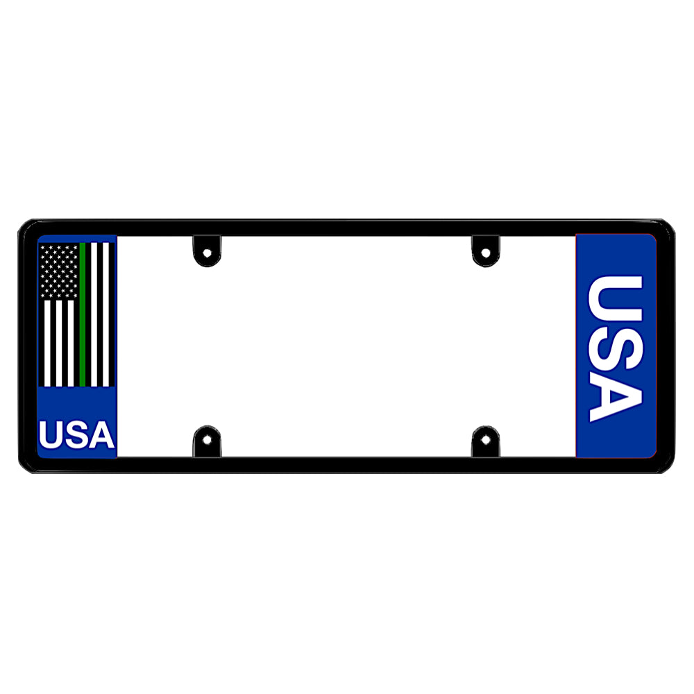 Black license plate frame featuring a blue left panel with a vertical United States flag containing a thin green line USA lettering, and a blue right panel with vertical white USA lettering.