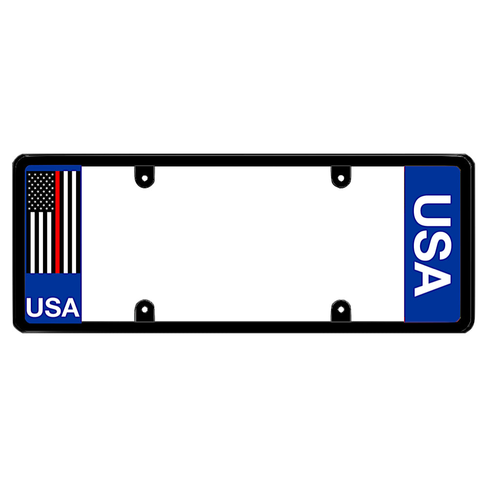 Black license plate frame featuring a blue left panel with a vertical United States flag containing a thin red line above white USA lettering, and a blue right panel with vertical white USA lettering