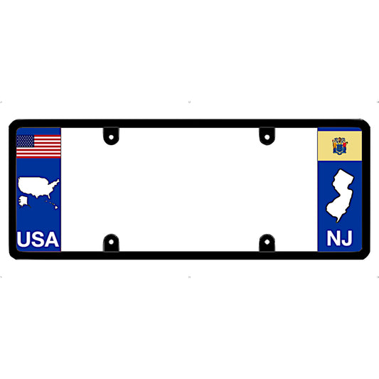 License plate frame with USA and New Jersey (NJ) designs on a white background