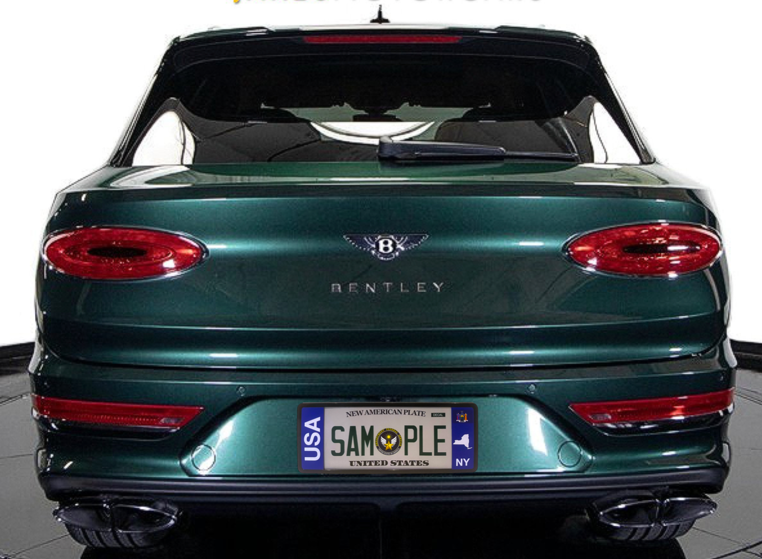 License plate frame with bold vertical USA text on the left mounted on a dark green Bentley SUV with a New York plate by DFS Brands.