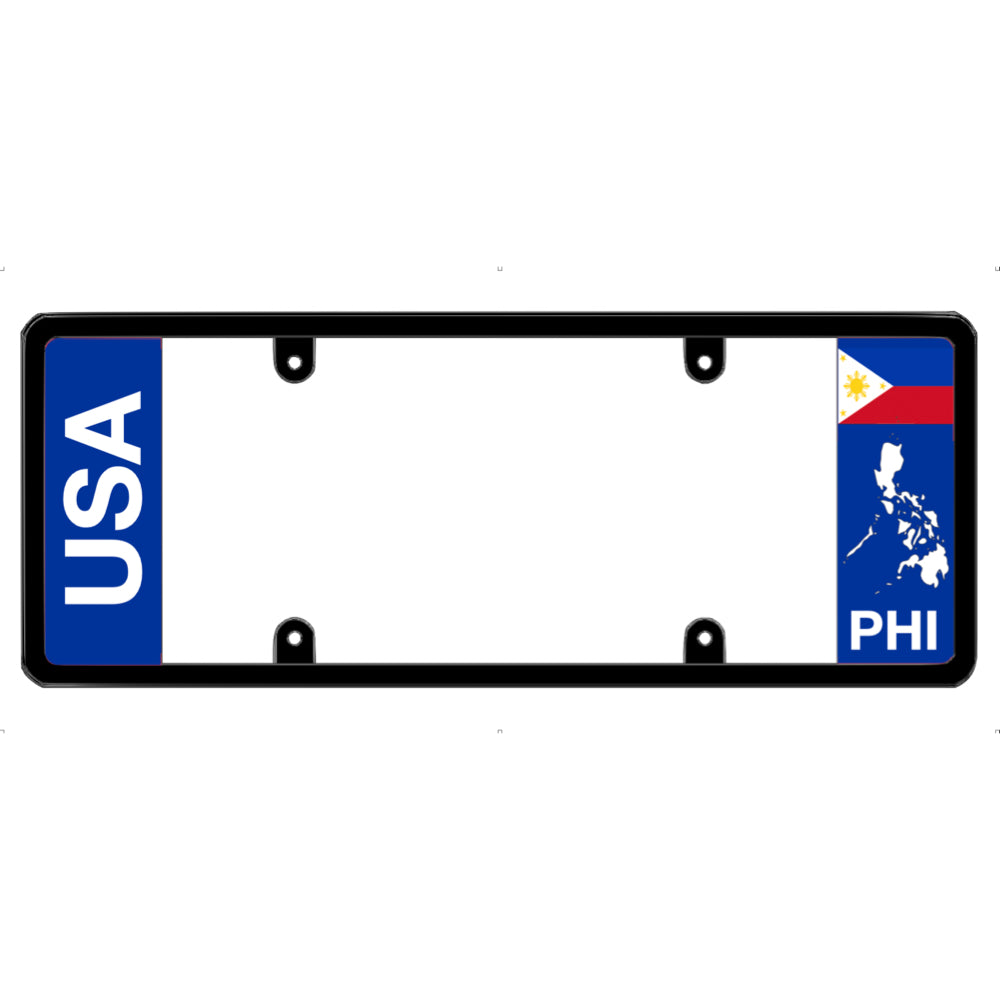 License plate frame with USA and PHI (Philippines) flags on a white background