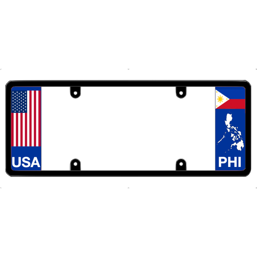 License plate frame with USA and Philippines flag designs on a white background