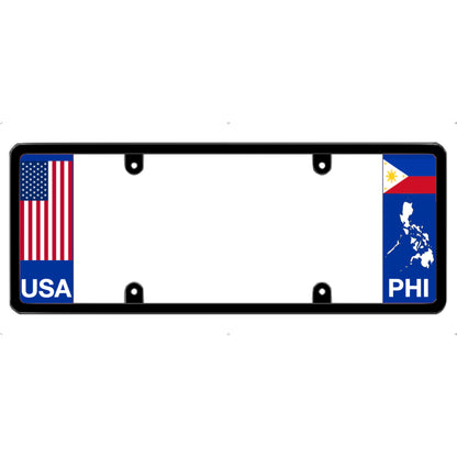 License plate frame with USA and Philippines flag designs on a white background
