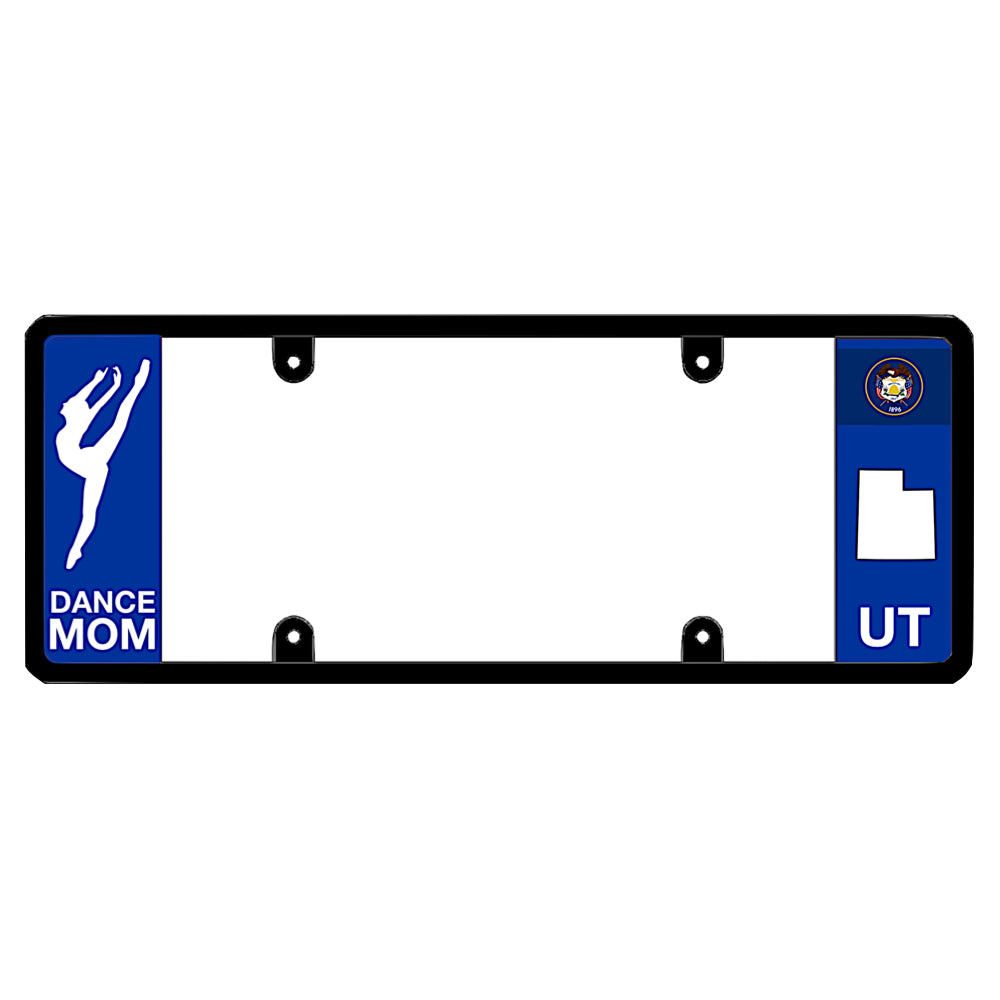A dance mom themed black elongated Utah license plate frame showing a dancer silhouette and a blue UT panel by DFS Brands.