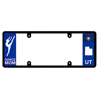 A dance mom themed black elongated Utah license plate frame showing a dancer silhouette and a blue UT panel by DFS Brands.