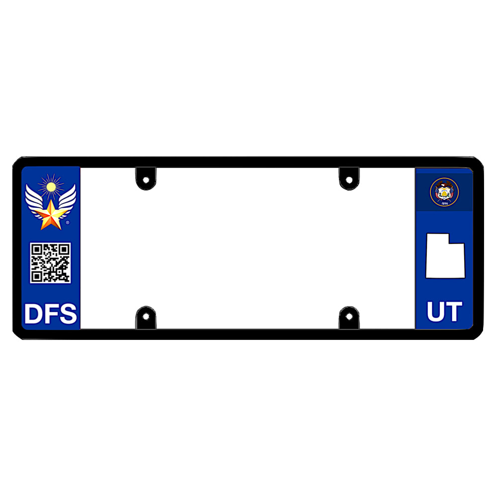 Official DFS Brands patented Utah license plate frame with a scan QR code and a blue UT logo side wing.